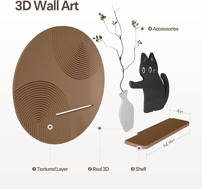 3D Textured Funny Abstract Wall Art, Black Cat and White Brown Wall Decor, Round Minimalist Artwork with Artificial Greenery, Suitable for Living Room Hallway Dining Room Bedroom Office, 24x24 In