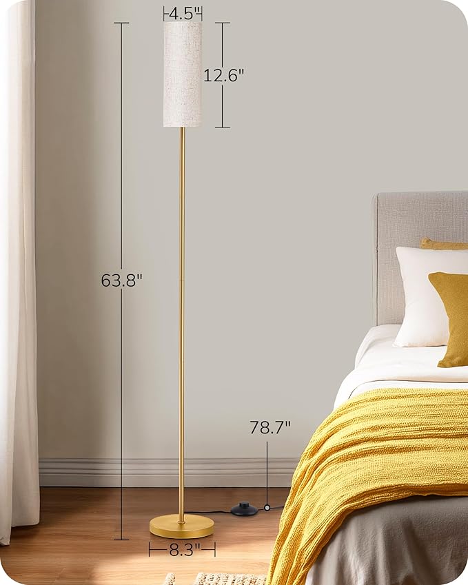 EDISHINE Floor Lamps for Living Room, 63.7in Minimalist Standing Lamp with Foot Pedal Switch, Modern Floor Lamp for Bedroom, Office, Nursery, 3 Color Temperature, 9W Bulb Included, Gold