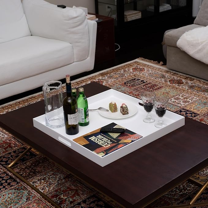 Oversize Extra Large King Size Bed Tray for eating Big Glossy White Acrylic Serving Tray with Handles 24x24 Inch -Spill Proof- Decorative Countertop Organizer for Ottoman,Bed,Party, Butler Tray