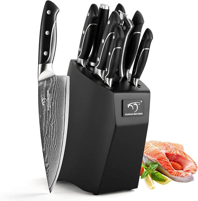 Damascus Kitchen Knife Sets, 9 Pieces Kitchen Knives Set with Block, ABS Ergonomic Handle for Chef Knife Set, Knife Sharpener and Kitchen Shears, Knife Block Set NF-D0603T-B