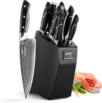Damascus Kitchen Knife Sets, 9 Pieces Kitchen Knives Set with Block, ABS Ergonomic Handle for Chef Knife Set, Knife Sharpener and Kitchen Shears, Knife Block Set NF-D0603T-B