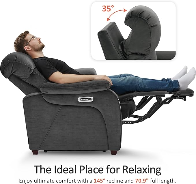 MCombo Zero Wall Recliner Loveseat, Power Recliner Loveseat with Adjustable Headrest, USB A & C Charge Ports, Wood Legs, for Living Room, RVs, Small Spaces (Fabric, ST258M1, Dark Grey)