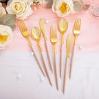 Rubtlamp 90Pcs Gold Plastic Silverware, Gold Plastic Utensils With Pink Handles Include 30 Plastic Gold Knives, 60 Plastic Forks and Spoons, Pink Plastic Silverware Heavy Duty For Party