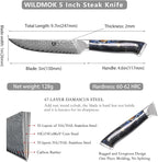 WILDMOK Steak Knives, 5 inch Non Serrated Steak Knife Set of 4, Japanese Damascus VG10 Steel Steak Knives,Premium Steak Knives Set with Gift Box