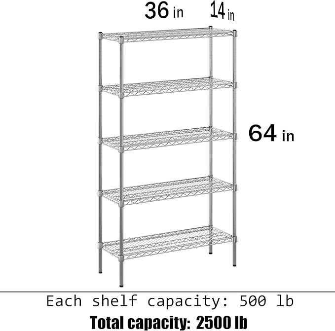 14" Deep x 36" Wide x 64" Height Wire Shelving Kit | 5-Tier | NSF Commercial Storage Rack Unit