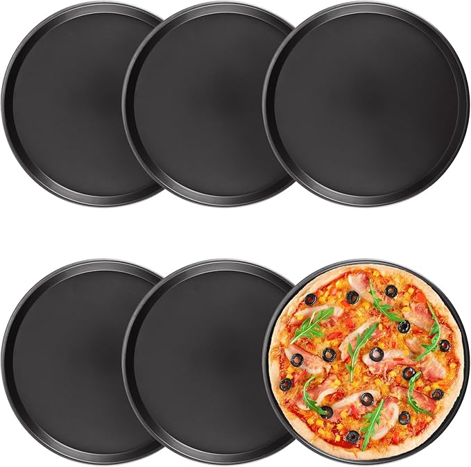6 Pcs 12 Inch Pizza Baking Pan, Black Stainless Carbon Steel Pizza Serving Tray, Nonstick Round Pizza Plate Pizza Pan for Oven Baking