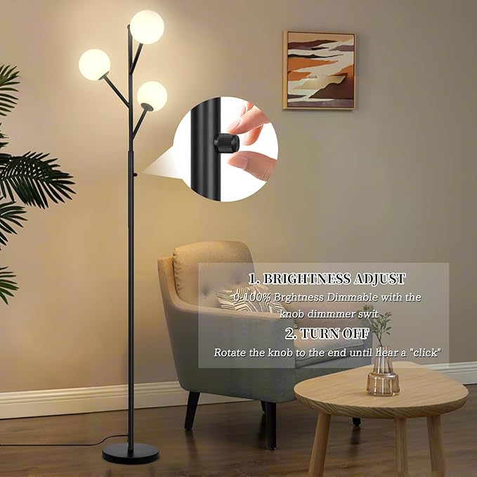 3-Globe Mid Century Black Tree Floor Lamp and Bulbs Included,70in Tall Modern Stepless Dimmable Standing Lamp with Frosted Glass Shade for Living Room Office Bedroom, Study Room(dimmer-Black)
