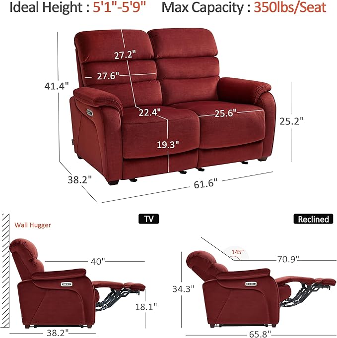MCombo Zero Wall Recliner Loveseat, Power Recliner Loveseat with Adjustable Headrest, USB A & C Charge Ports, Wood Legs, for Living Room, RVs, Small Spaces (Fabric, ST258M1, Burgundy)