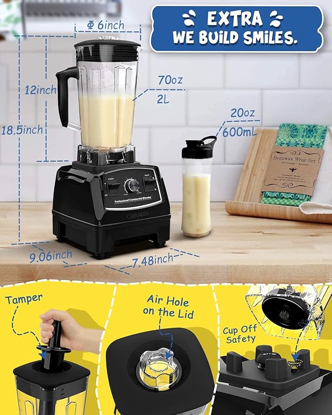 CRANDDI Professional Blender,1500 Watt Commercial Blenders for Kitchen with 70oz Capacity and Self-Cleaning, Classic Blenders for Shakes and Smoothies, Build-in Pulse, YL-010-B