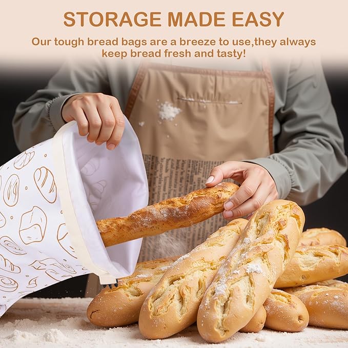 LAKE OF FIRE 16.9"x12.6" Reusable Bread Storage Bags for Homemade Bread with Reusable 2 Bowl Covers,Large Sourdough Bread Bags Food Storage Cloth Bag (White + Bread)