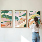 Tinonedraw Colorful Abstract Framed Canvas Wall Art Set, 3 Panel Green Pink Girly Oils Inks Artwork, Three Pieces Neutral Modern Minimalist Wall Decor for Living Room Bedroom Office 24"x36"x3