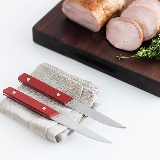 Misen Steak Knives Set of 4 - Precision Serrated Blades for Effortless Dining - German Stainless Steel - Superior Cuts with Four Steak Knives - Comfortable, Sleek Handles - Red