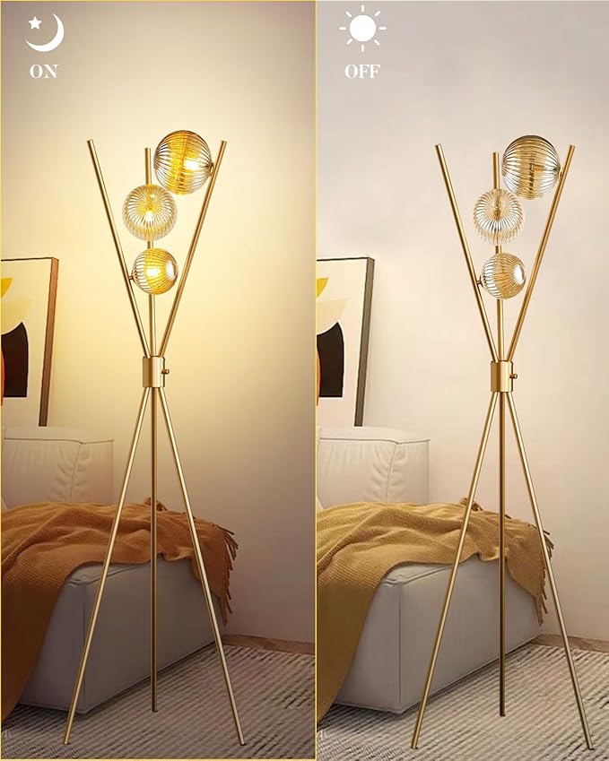 Lightdot Dimmable Tripod Floor Lamp Gold Art Deco Floor Lamp with Brown Globe Glass Lampshade 3Pcs Bulbs Included Tripod Standing Lamp for Living Room/Bedroom