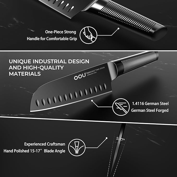 OOU Kitchen Knife Set - 15 Pcs High Carbon Stainless Steel Chef Knife Sets, Dishwasher Safe Black Knives Block Set With Built in Sharpener, Gifts for Men Women