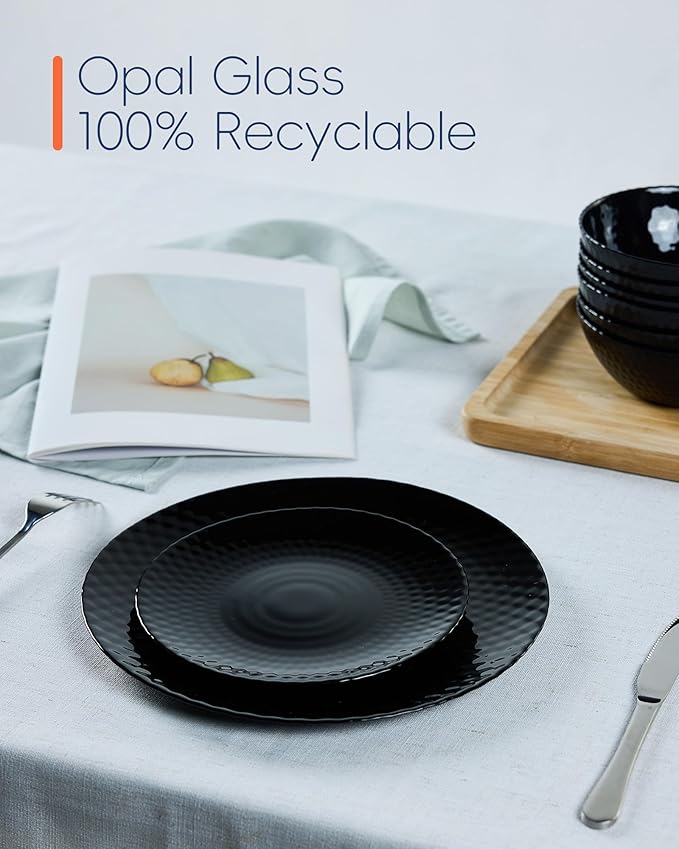 7.5 inch Salad Appetizer Plate Set of 6, Opal Glass Light and Durable Geometric Faceted Small Black Plates for Dessert, Kitchen, Dishwasher and Microwave Safe