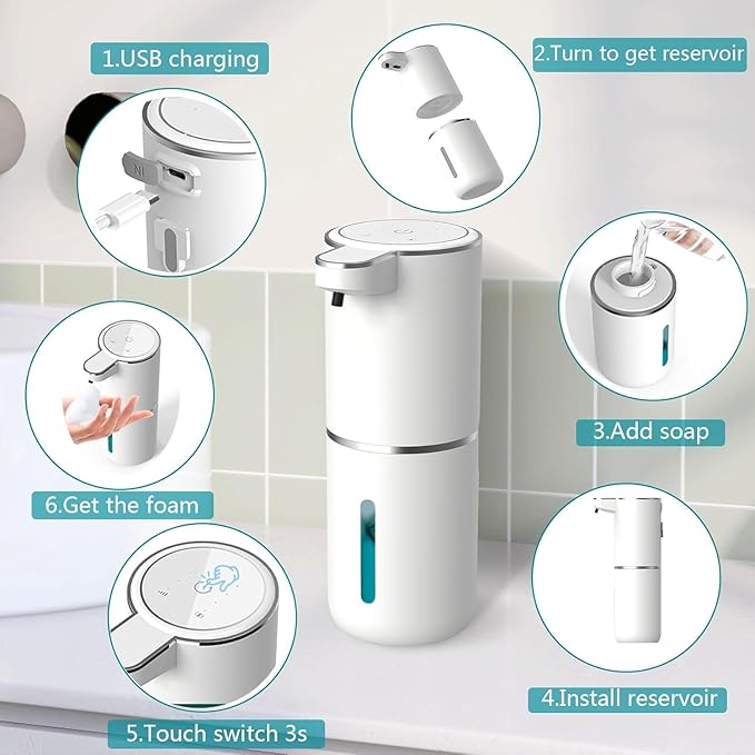 2Pack Automatic Soap Dispenser – Touchless Foaming Soap Dispenser 400ml USB Rechargeable Dispenser Electric Wall Mounted 4levels Adjustable Foam Dispenser Pump for Bathroom Kitchen Dish Soap