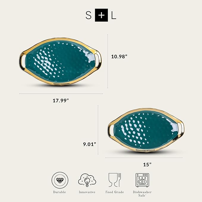 Stone Lain Florian Porcelain Large and Medium Oval Platters with Handle, Service Set, Green with Gold Rim