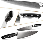 18 Pieces Damascus Kitchen Knife Set, 8 Piece Steak Knives, Non-slip ABS Ergonomic Triple Rivet Handle for Meat Fork, Knife Sharpener and Shears, 17 Slots Wooden Knife Block