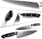 18 Pieces Damascus Kitchen Knife Set, 8 Piece Steak Knives, Non-slip ABS Ergonomic Triple Rivet Handle for Meat Fork, Knife Sharpener and Shears, 17 Slots Fraxinus Manchuria Knife Block (Grey)