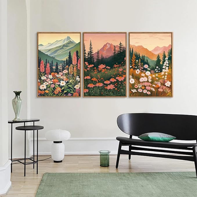 Tinonedraw Large Boho Mountain Framed Canvas Wall Art Set of 3, Colorful Wildflower Daisy Flowers Wall Decor, Bohemian Floral Forest Scenery Artwork, Modern Nature Landscape Art Prints for Bedroom Living Room Office 16"x24"