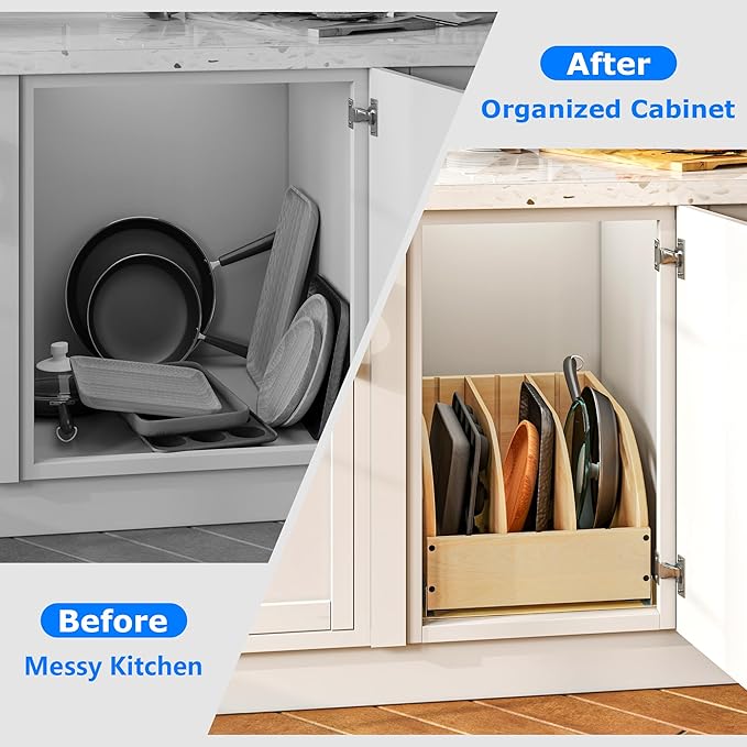 WelFurGeer Birchwood Pot and Pan Organizer with Soft-Close Drawer, Pull Out Cabinet Organizer, Heavy-Duty Slide-Out Storage for Baking Sheets, Cutting Boards, and Kitchen Utensils