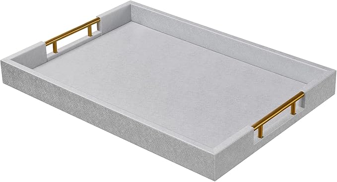 14x20 Inches Silver Faux Leather Wrapped Wood Serving Tray with Metal Handles for Various Occasions, Ottoman, Home Decor Decorative, Living Room, Coffee Table Organizer, Serving Breakfast On Bed