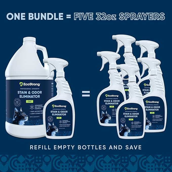 Cat Stain and Odor Remover| Enzyme Urine Odor Neutralizer - Stain Remover for Carpet, Litter Boxes, Bedding, and Laundry [160 Fl Oz Bundle]