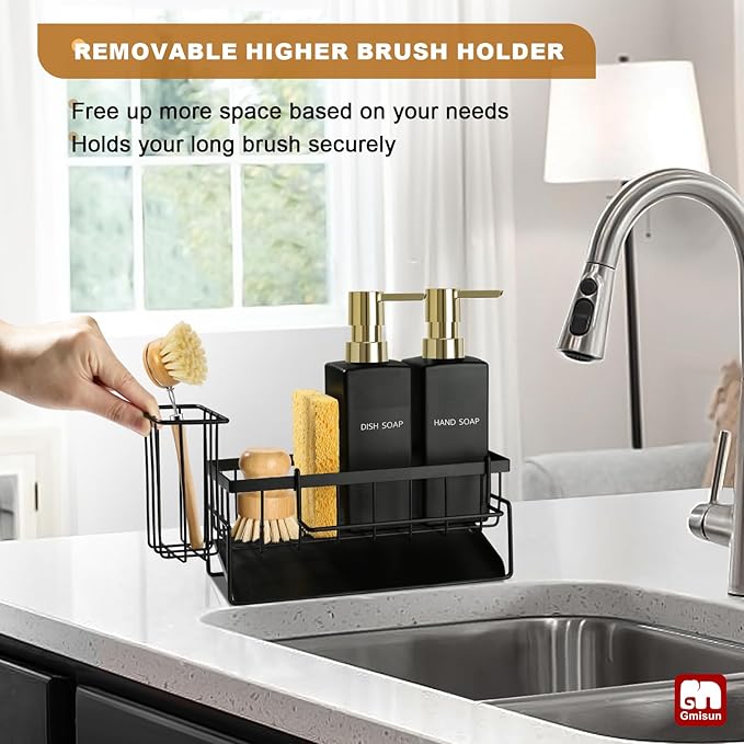 GMISUN Dish Soap Dispenser for Kitchen, 12 Fl oz / 350 ml Kitchen Soap Dispenser with Sponge Holder, Modern Black Glass Soap Dispensers with Gold Pump, Customized Hand and Dish Soap Dispensers Set