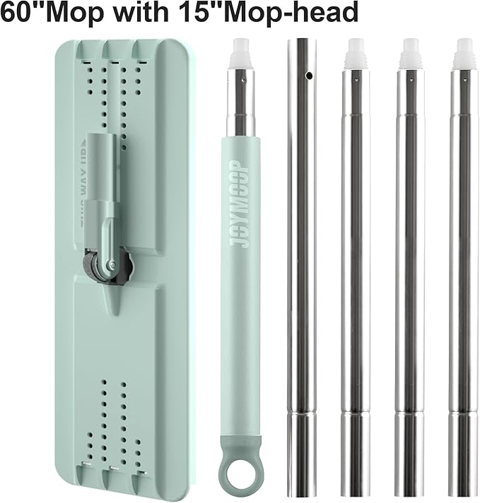 JOYMOOP Flat Mop, Microfiber Mops for Floor Cleaning and Long Handle Wall Cleaner, 60" Mop Handle with Flexible 15" Flat Head with a Microfiber Mop Pad - Green