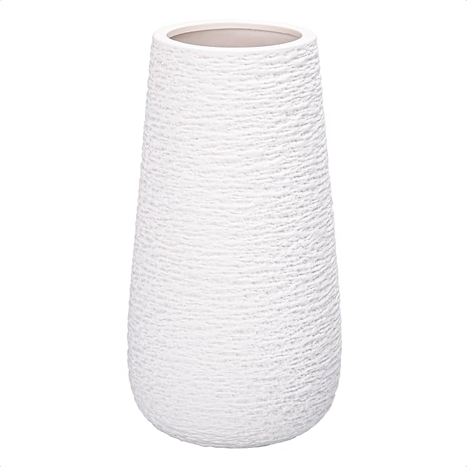 D'vine Dev 10 Inch Textured White Elegant Oval Ceramic Vase for Flowers, Home Décor Vase with Design Box, VS-LD-B-1