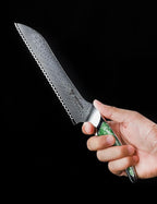 8 inch Serrated Bread Knife, Japanese VG-10 Damascus Steel Kitchen Knife, Ultra Sharp Bread Cutting Knife with Full-tang Handle in Green Resin, LA-S9 Series