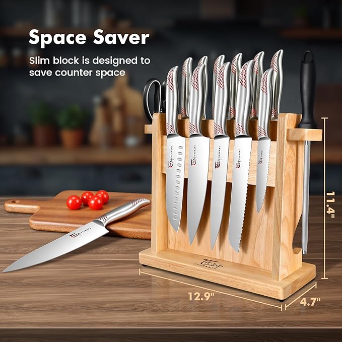 Japanese Knives Set for Kitchen, Magnetic Knife Set with Block and Sharpener, Stainless Steel Knife Set as Gift for Couple, Wedding, Women or Mom with Gift Box, 14 PCS Redd Dot