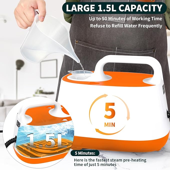 Steam Cleaner,Multipurpose Neat Canister Steamer with 21 Accessories, 5 Mins Heating with 1.5L Tank,Rolling Cleaning Machine for Carpet, Floors,Windows,Mirrors,Glass and Cars (White orange)