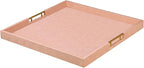 24x24 Inches Extra Large Champagne Faux Leather Wrapped Wood Ottoman Tray with Golden Handles for Serving Food Breakfast On Bed, Square Coffee Table Organizer, Home Decor and Decorative