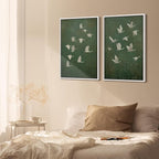 SIGNFORD Framed Canvas Print Wall Art Set Flight of Cranes Elegant Birds in Soft Green Hues Illustration Modern Art Decorative Nordic Nature for Living Room, Bedroom, Office - 16"x24"x2 White