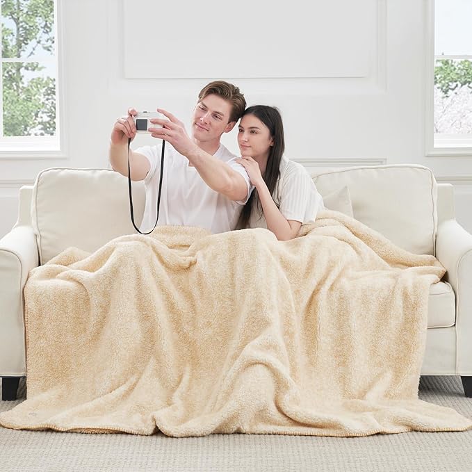 Cozy Bliss Luxury Sherpa Throw Blanket for Couch, Premium Reversible Plush Thick Throw, Warm Cozy Soft Blanket for Home and Gifts (Mottled Beige, 50" x 60")