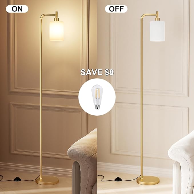 Floor Lamps for Living Room - Industrial Standing Lamp with Frosted White Glass Shade, Modern Gold Floor Lamp with LED Bulbs, Farmhouse Floor Lamp for Bedroom, Tall Lamp for Office - Gold