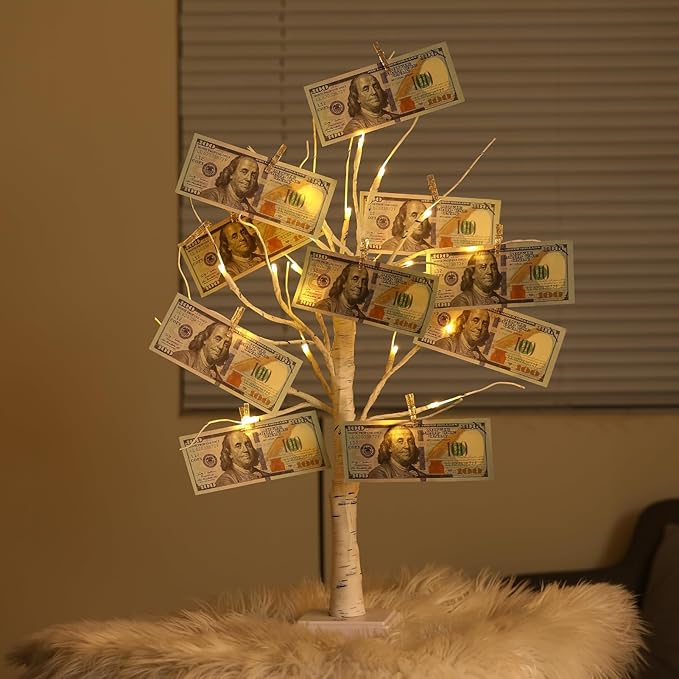 Money Tree Gift Card Holder 24 LED Birch Tree Lamp Battery/USB Powered Light Up White Trees Gift Card Holder with 22 Clear Clips for Photo Birthday Fall Thanksgiving Halloween Christmas