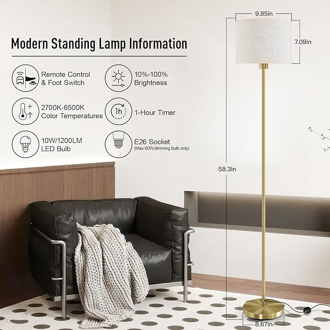 Floor Lamps for Living Room, Stepless Dimmable Floor Lamp with Remote, 2700K-6500K Colors Temperature & Brightness Adjustable,10W/1200LM Gold LED Floor Lamp, Modern Standing Lamp for Bedroom/Office