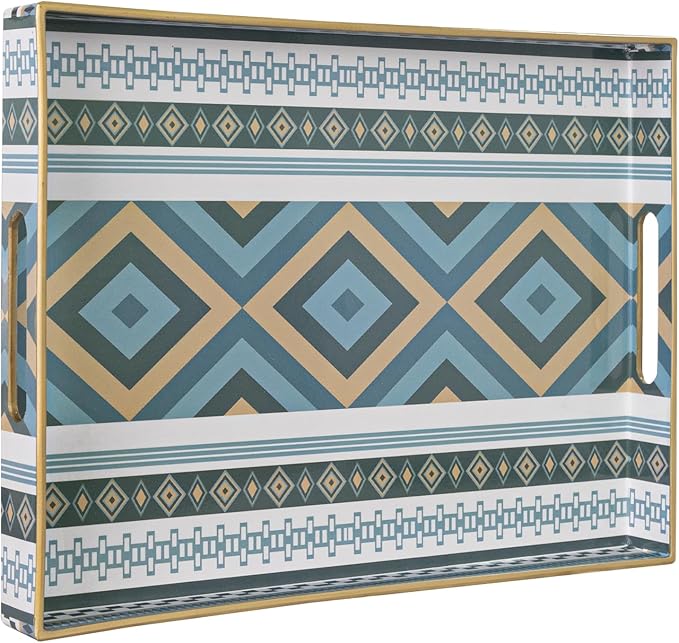 Rectangular Decorative Tray, Plastic Serving Tray with Handles, Bohemian Blue Tray for Ottoman, Coffee Table Tray for Living Room, Home Decor, 15.8" x 11.8" x 1.6"