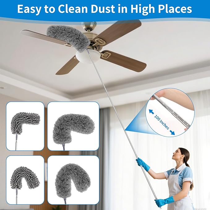 7PCS Dusters for Cleaning, Extendable Microfiber Duster with Extension Pole Up to 100'', Bendable Washable Cleaner Dusters for Cleaning Fan, High Ceiling, Blinds, Furniture, Car