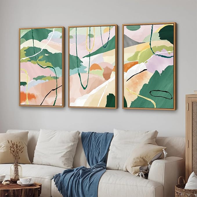 Tinonedraw Colorful Abstract Framed Canvas Wall Art Set, 3 Panel Green Pink Girly Oils Inks Artwork, Three Pieces Neutral Modern Minimalist Wall Decor for Living Room Bedroom Office 24"x36"x3