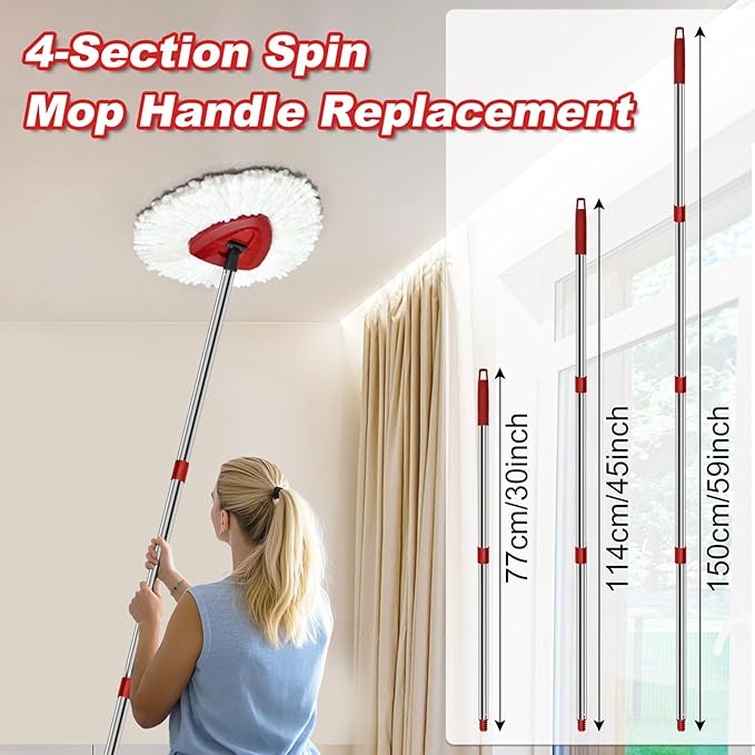 4 Section Spin Mop Replacement Handle for O Cedar Mop Handle for Ocedar Spin Mop Handles to Floor Clean Adjustable 30" to 58" Length Mop Stick Pole Handle, American Screw Joint (Mop Head Not Included)