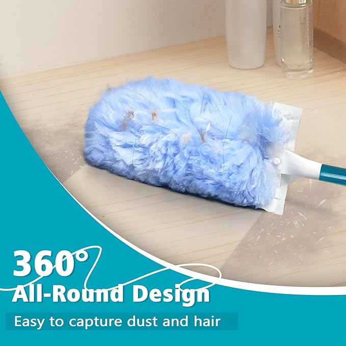 NEWE Duster Refills 20 PCS with Handle Compatible with Swiffer, 360 Degree Heavy Duty Dusting Kit with 4X Microfibers, Multi-Surface Dust Removing Tool for Cleaning Blinds Bookshelf Furniture