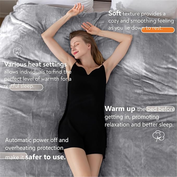 Wapaneus Heated Blanket Electric King Size 90"x100"-Dual Control with 10 Heat Levels 12 Timer Settings and 8 Hours Auto-Shut Off,Fast-Heating Electric Blanket,ETL Listed Machine Washable,Light Grey