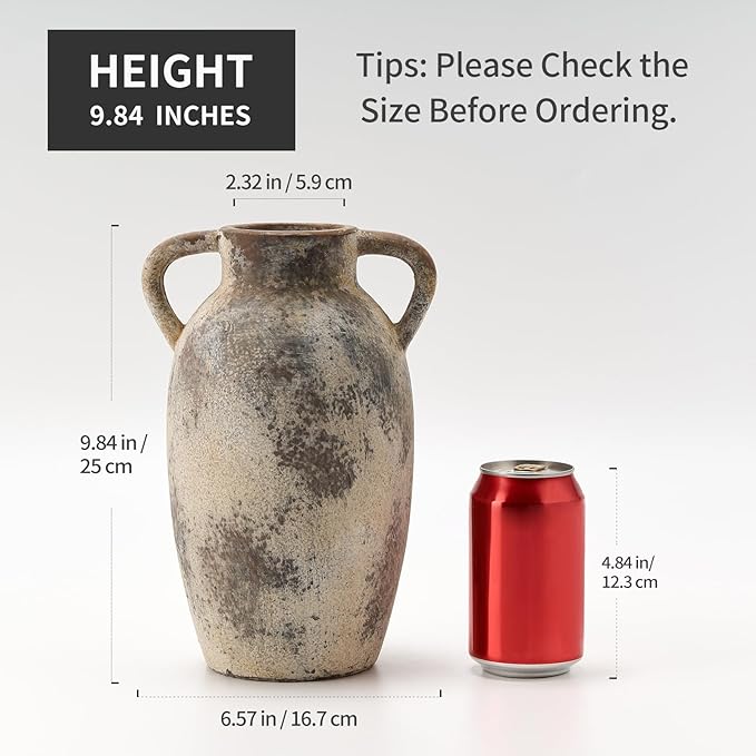 9.84 Inch Ceramic Vase with Handles, Tuscan Decor Antique Terracotta Vase, Rustic Decorative Flower Vase for Home Decor, Farmhouse, Living Room, Table, Bedroom, Office, Entrance- Gray