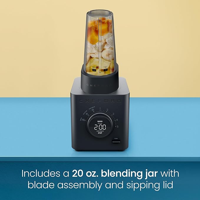 Chefman Obliterator 48 oz Countertop Blender for Smoothies, 1380W Motor to Crush Ice, Nuts, and Frozen Fruit with Stainless Steel Blade, Auto Blend Function, Includes 20 oz Travel Jar
