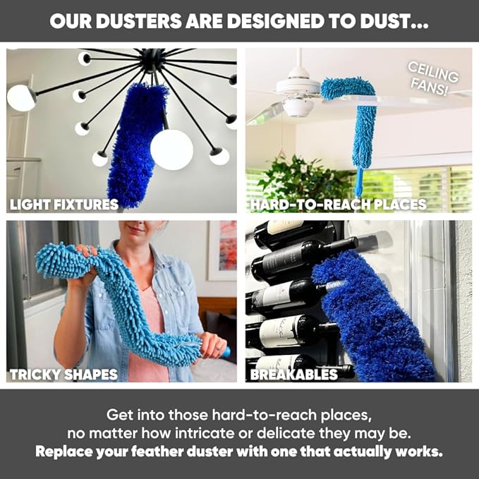 Extendable Duster - Microfiber Duster Kit: Ceiling, Fans, Baseboards, Cob Webs, Telescoping, Reusable & Washable, Feather & Chenille Dusters, 6ft. Adjustable Handle