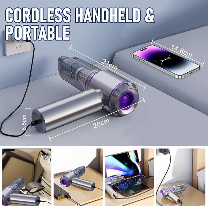 Car Vacuum Portable Cordless 20000PA High Power Mini Vacuum Cleaner 4-in-1 Compressed Air Duster & Air Blower & Pump Hand Held Vacuum with Brushless Motor for Car, Home, Office,Camping