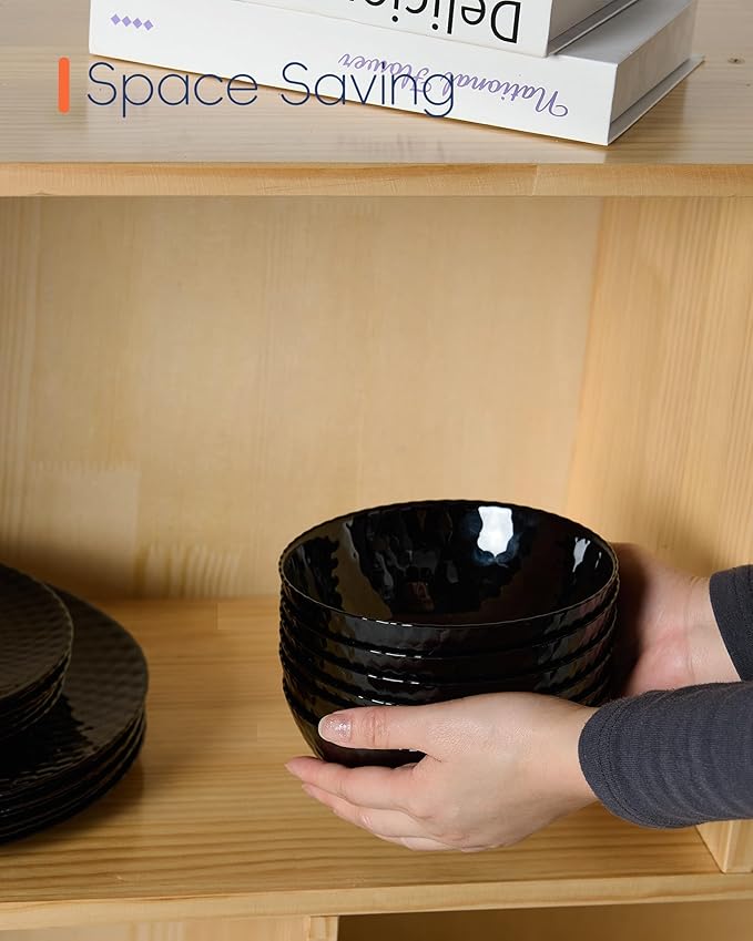 20 OZ Max Black Opal Glass Cereal Bowl Set of 6, Thin Light & Durable 6 inch Dishwasher & Microwave Safe Round Geometric Faceted Bowls for Kitchen, Salad, Soup and Rice